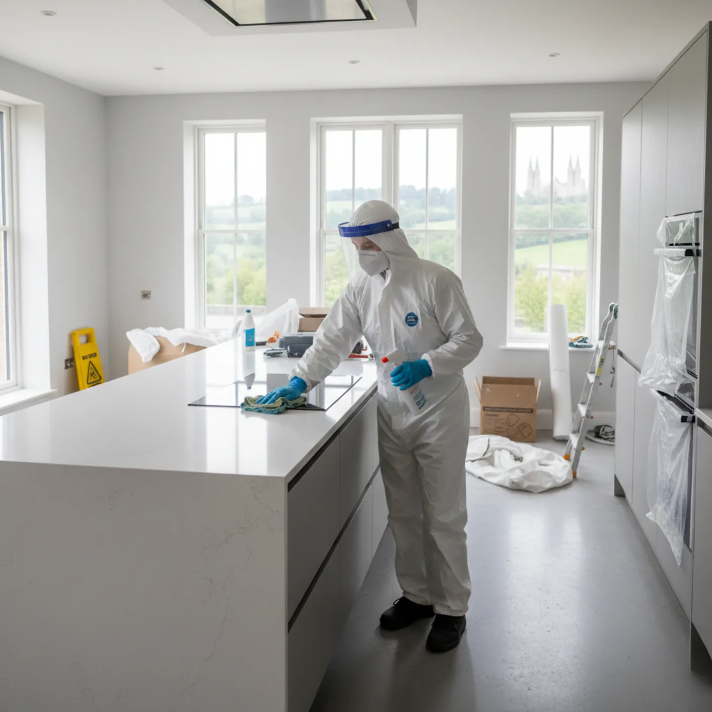 Professional builders clean in Oxford – cleaner wiping new kitchen surface after construction