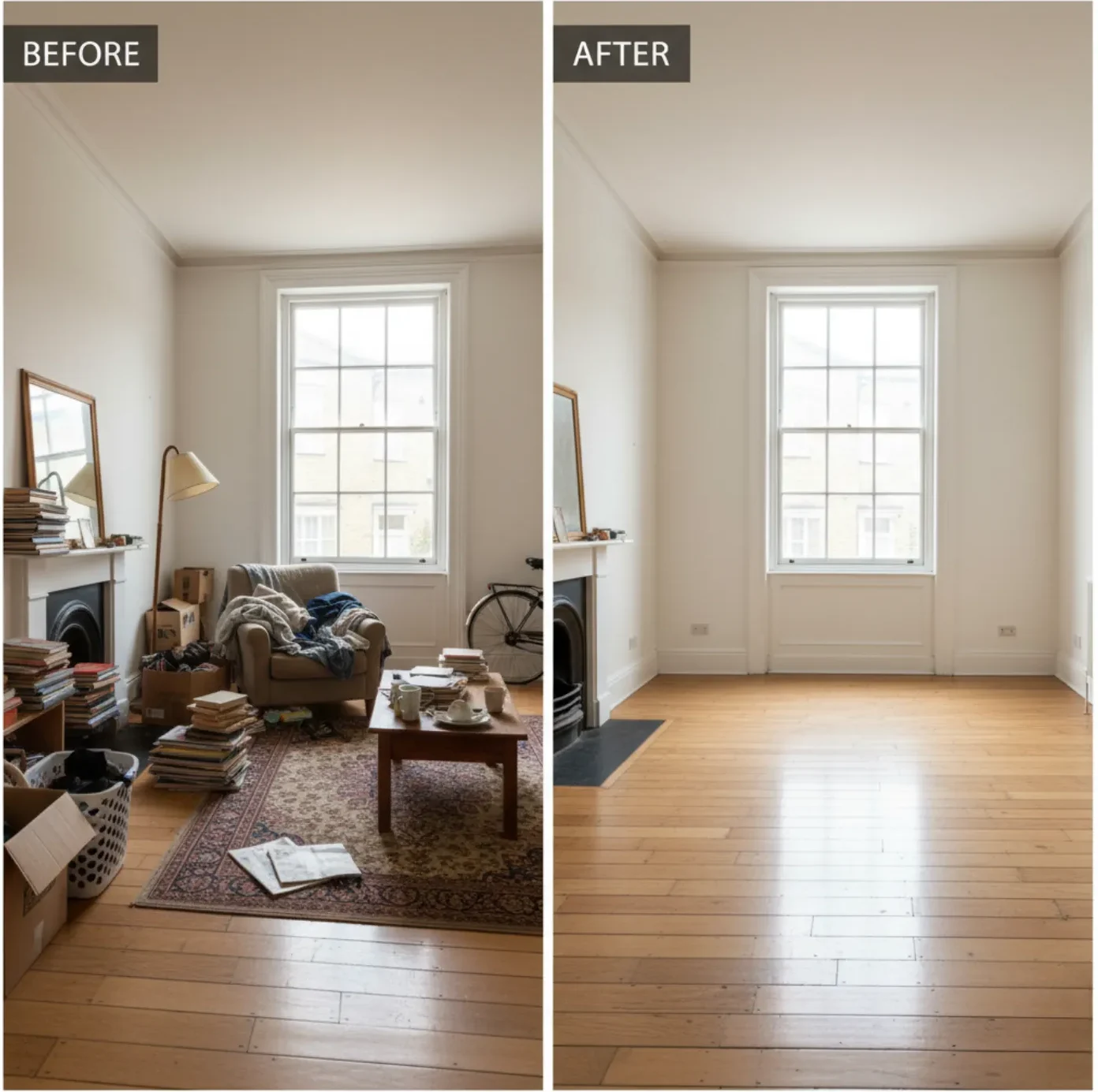 Before and after property clearance showing a clean, clutter-free living room in Oxford
