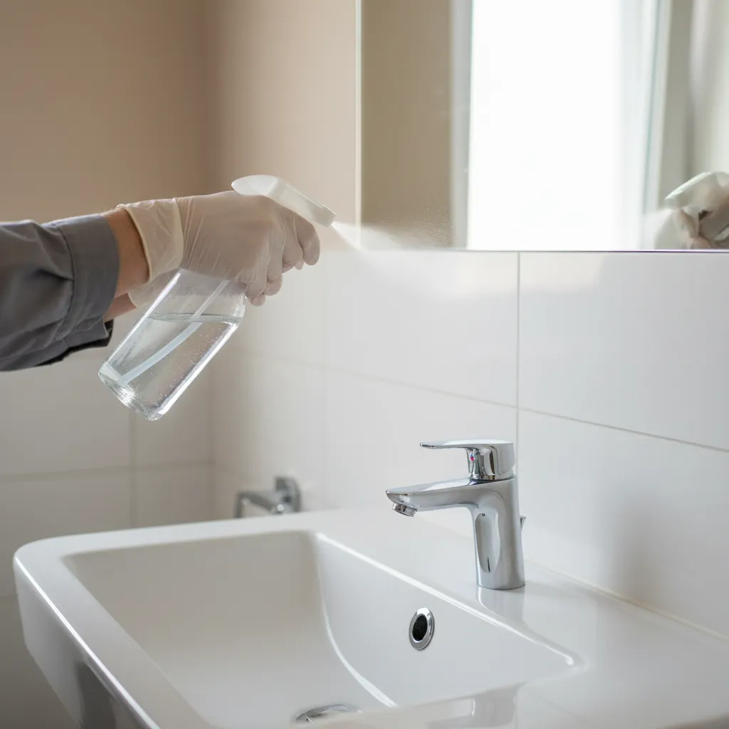 Cleaner disinfecting bathroom sink and mirror during professional end of tenancy clean