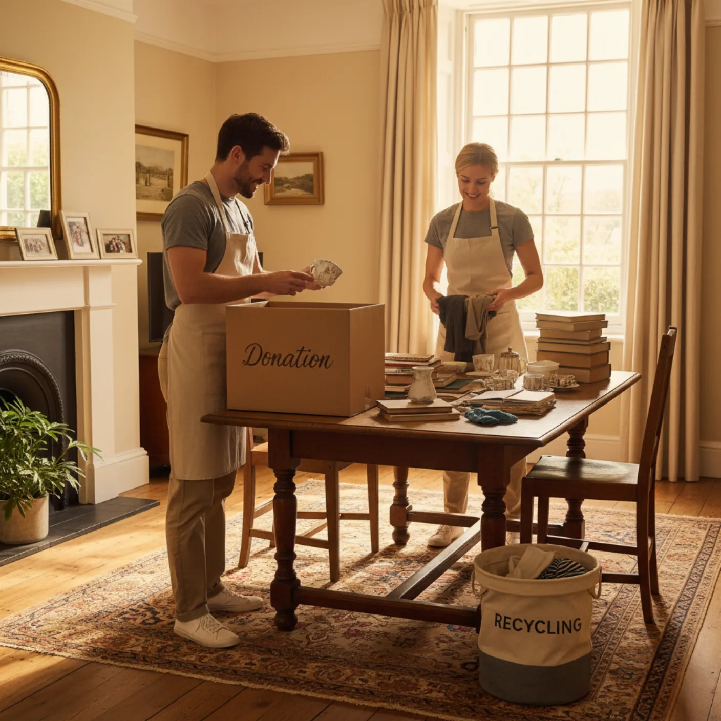 Property clearance team sorting items for donation and recycling in a home in Oxford