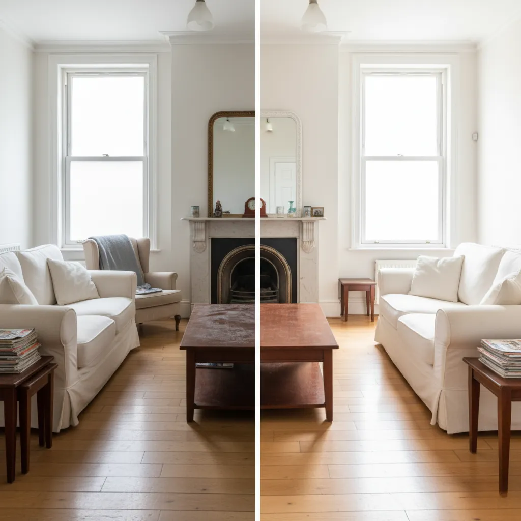Before and after end of tenancy cleaning showing spotless living room transformation
