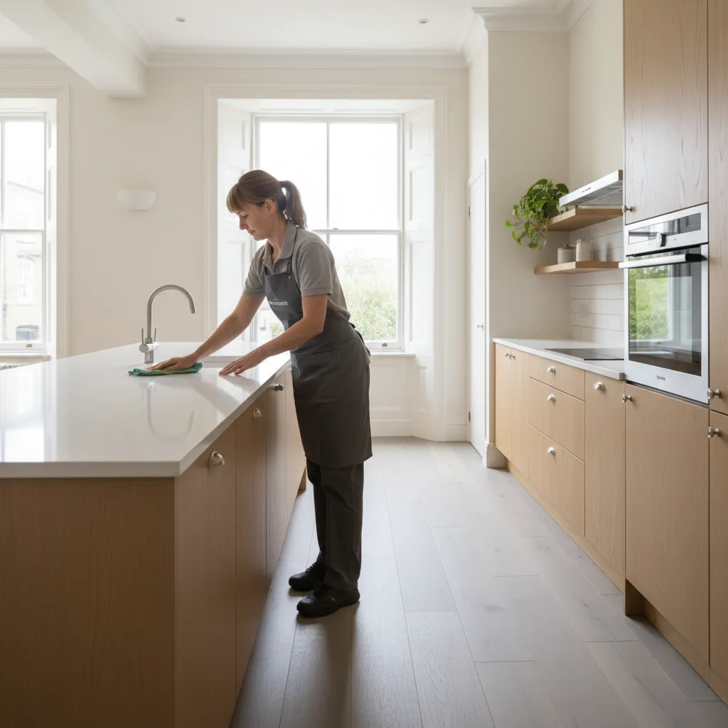 Professional cleaner wiping kitchen counter during end of tenancy cleaning in Oxford home