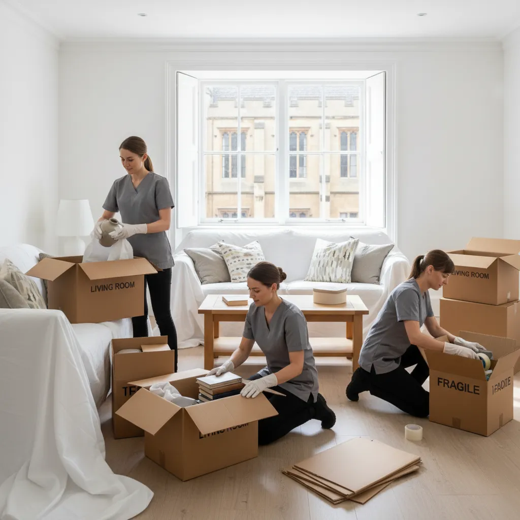 Team conducting property clearance in an Oxford living room, carefully packing items into labeled boxes with protective gloves