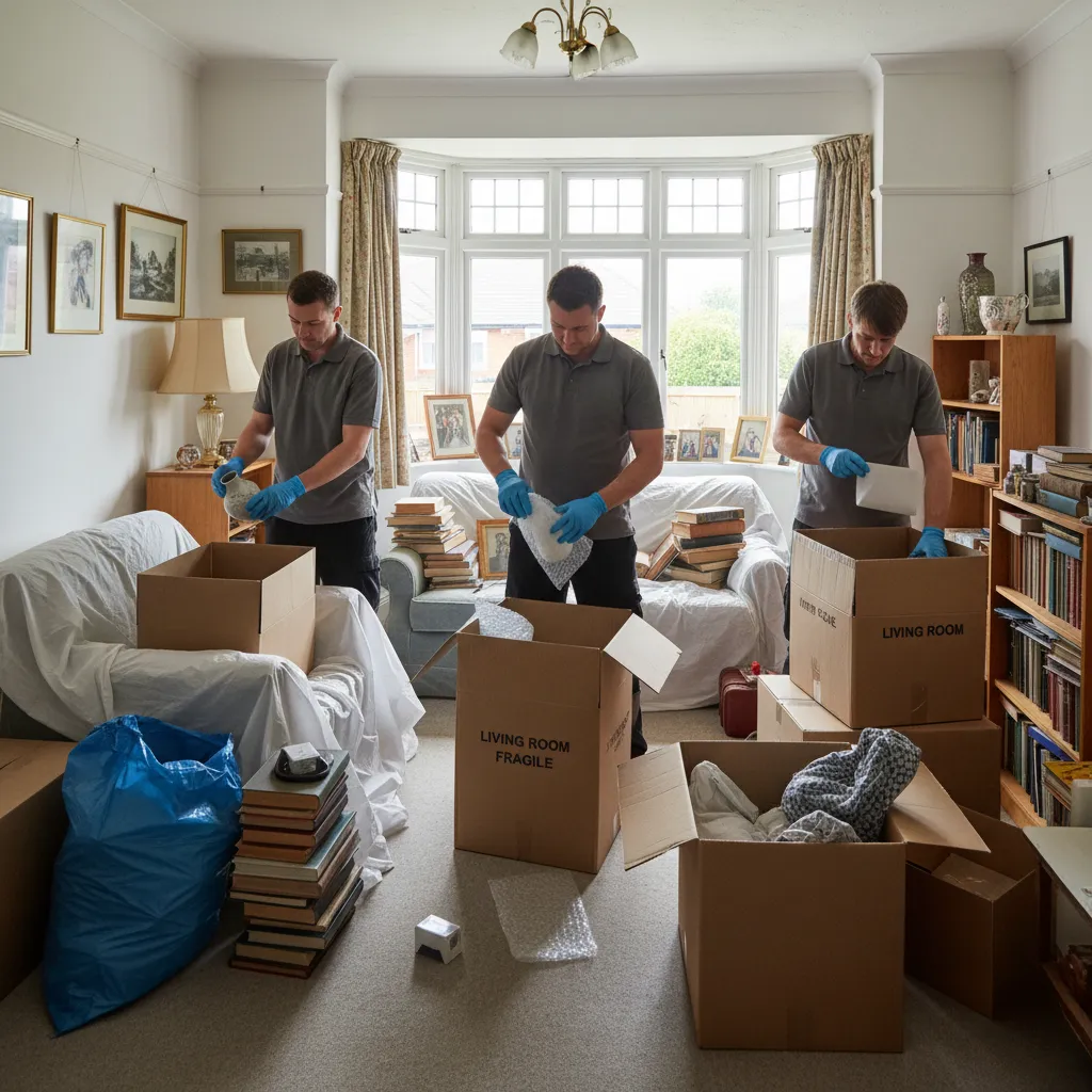 Team conducting property clearance in a Faringdon living room, carefully packing items into labeled boxes with protective gloves