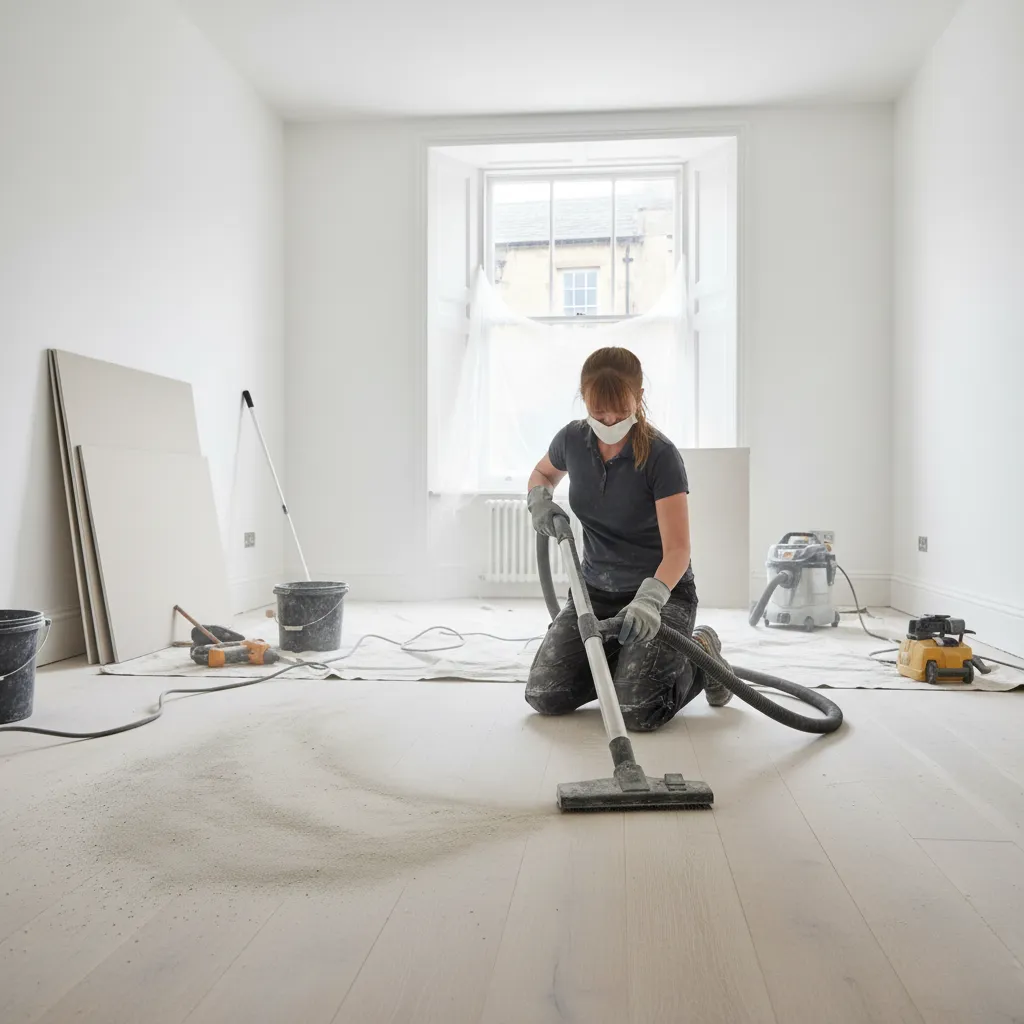Cleaner removing construction dust during a builders clean in a renovated Oxford home, wearing gloves and using a vacuum
