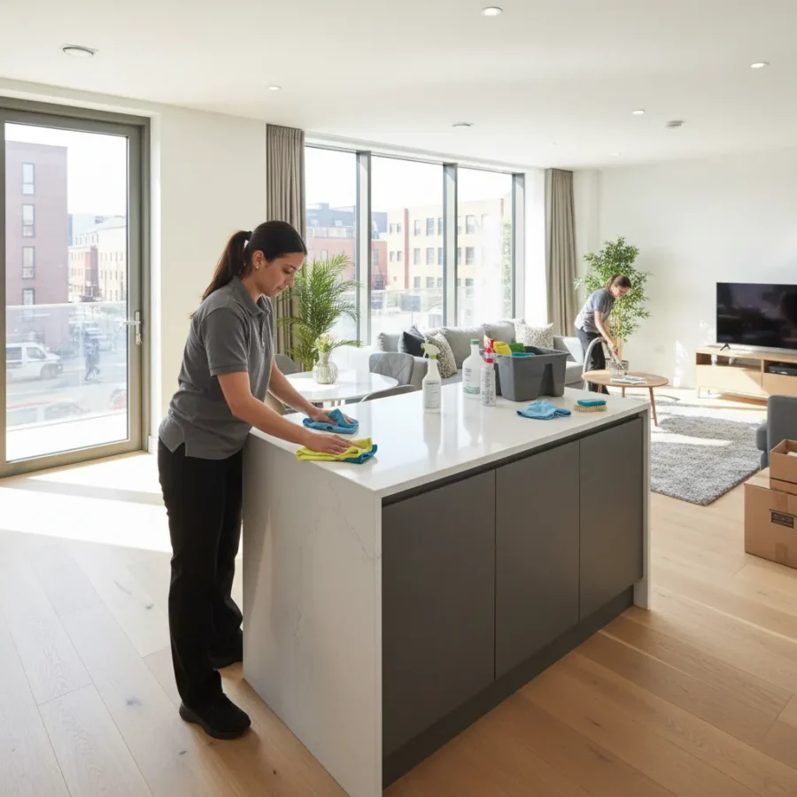 Professional cleaner performing an end-of-tenancy clean in a bright Faringdon apartment, wiping kitchen surfaces with microfiber cloths