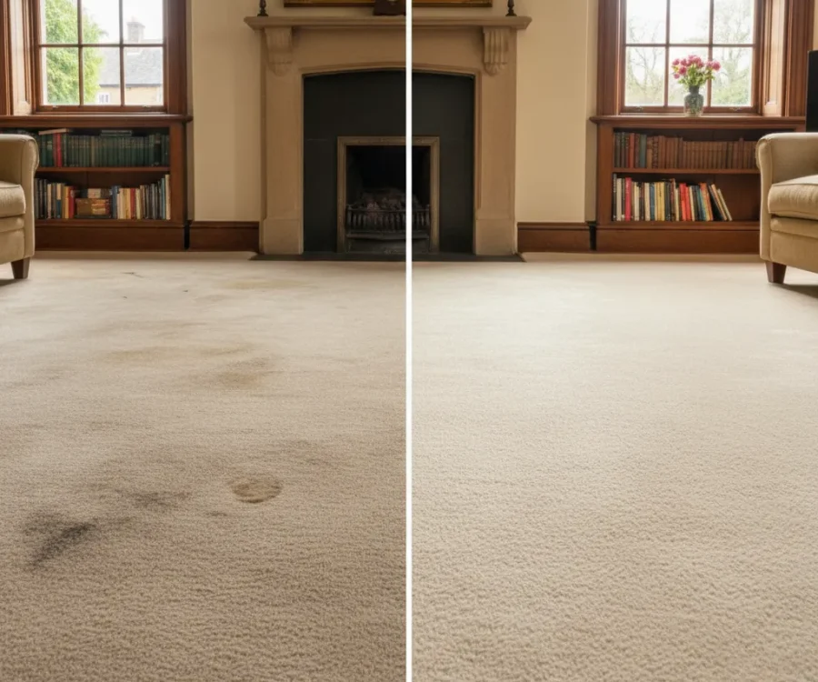 Before and after comparison showing professional carpet cleaning results in Oxford