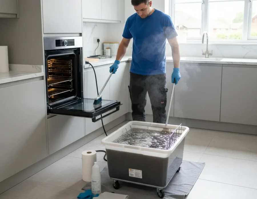 Technician carrying out professional oven dip tank cleaning in an Oxford home kitchen