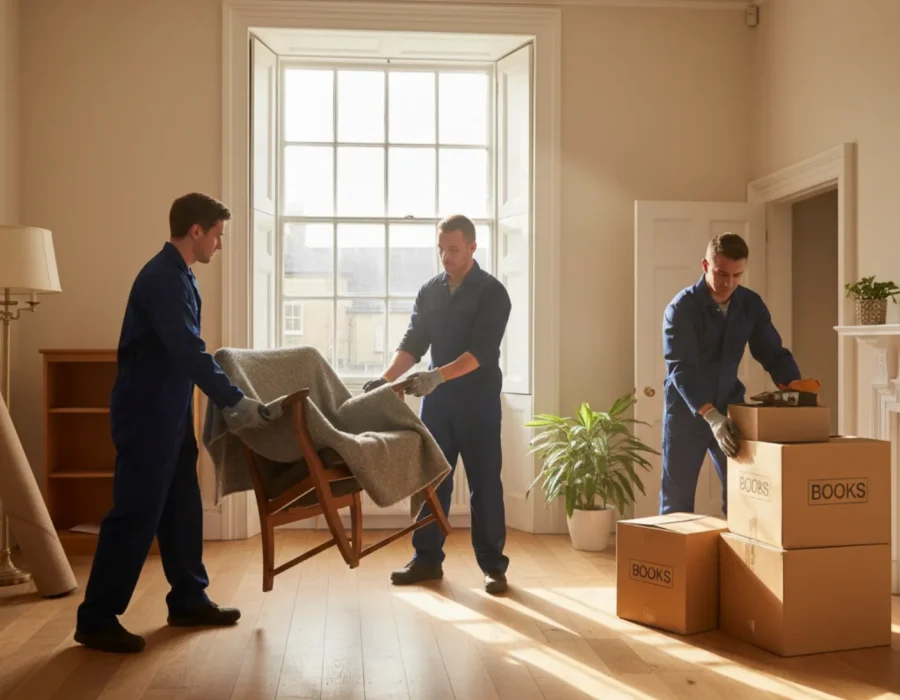 Professional team performing property clearance in an Oxford townhouse, carefully removing furniture and boxes