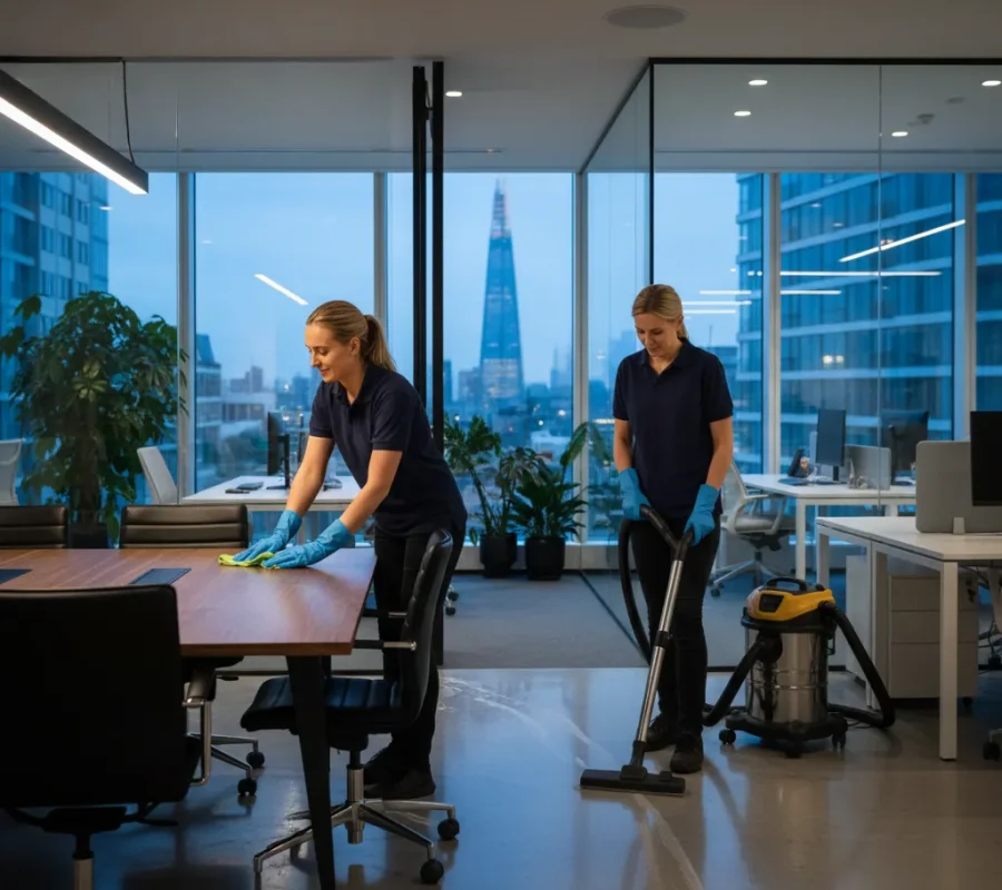C Priest & Daughter Cleaning Services staff cleaning a modern London office, demonstrating professional commercial cleaning.