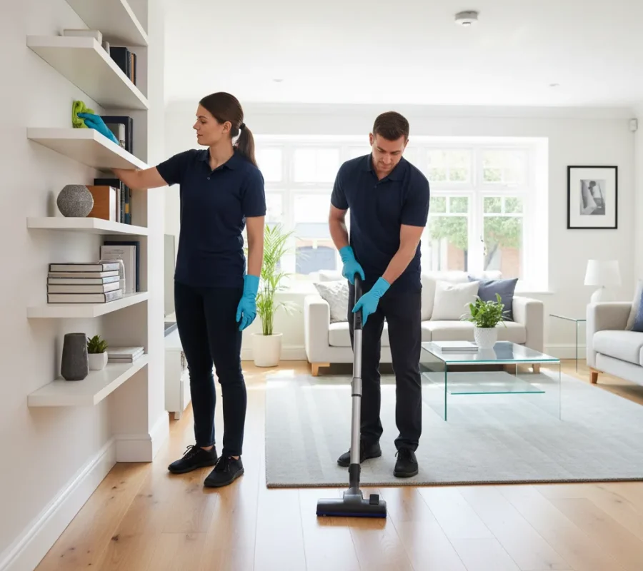 Two professional cleaners from C Priest & Daughter Cleaning Services working together to clean a modern Oxford home with attention to detail
