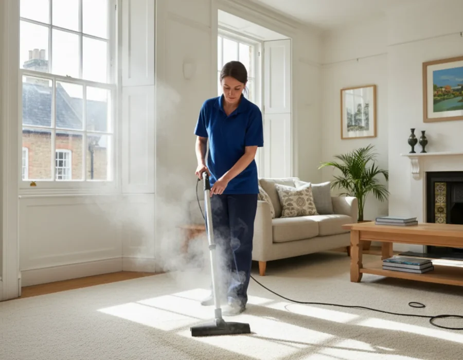 Professional cleaner performing deep carpet cleaning in an Oxford home living room